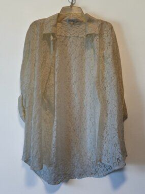 Calvin Klein Lace Blouse – Women’s Cream Sheer Button Front Top